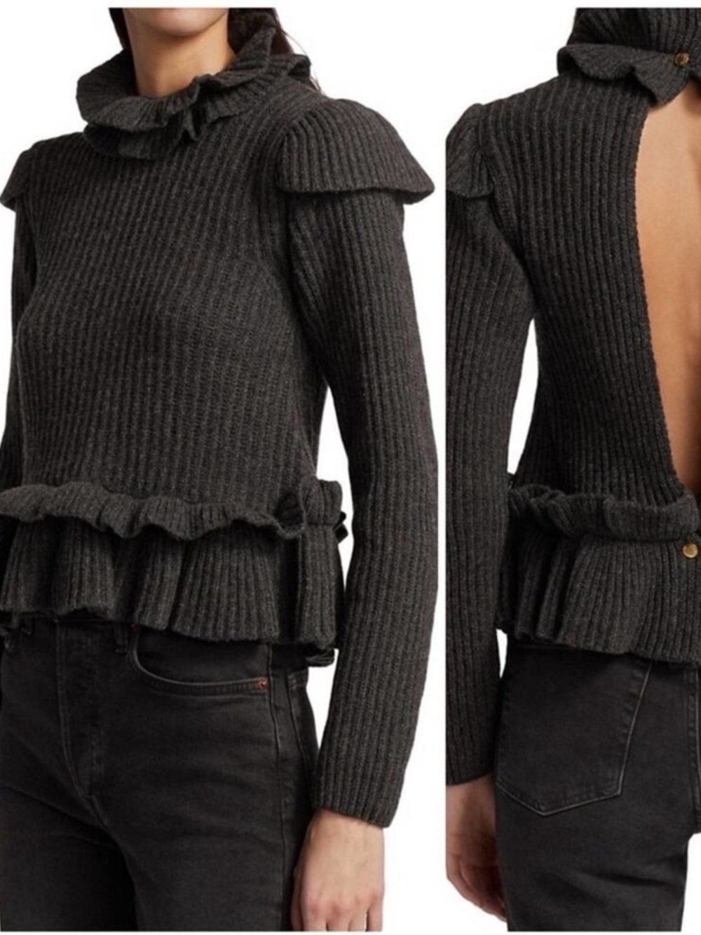 GANNI Rib Knit Ruffle Turtleneck Sweater Gray Open Back Wool Blend Size L NWT